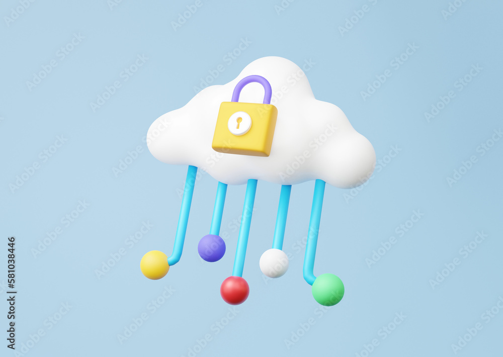 Poster 3d cloud storage with padlock privacy security database hosting technology cloud computing data serv