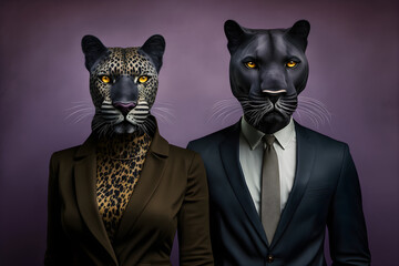 A Stately Duo: A Panther Couple in Elegant Suits, Creative stock image of animal couple in business suit. Generative AI