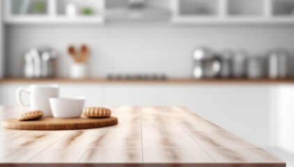 Naklejka na ściany i meble Wooden texture table top on blurred kitchen window background. For product display or design key visual layout. For showcase or montage your items (or foods). Product display mock up. Generative AI