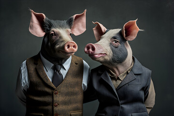 Power Couple: Business-Savvy Pigs Make a Lasting Impression, Creative stock image of animal couple in business suit. Generative AI