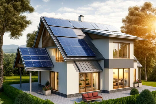 Solar photovoltaic panels on house roof. Alternative electricity source. Concept of sustainable resources. Created with Generative AI technology