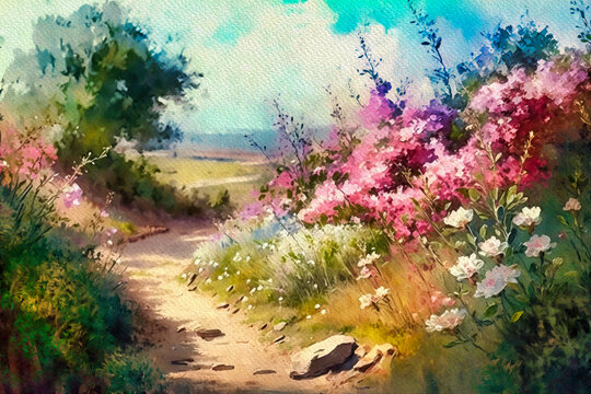 Watercolor painting landscape, artwork, fine art, landscape with flowers and trees