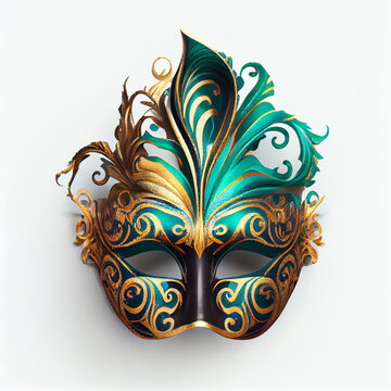 Stunning Venetian style carnival mask, adorned with feathers, and green and gold glitter that exudes elegance and luxury isolated on white background. Relaistic 3d festival mask