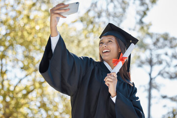 Selfie, smile and graduation of woman with certificate in university or college campus. Graduate,...