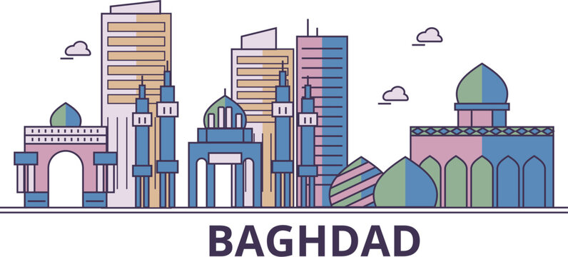 Iraq, Baghdad tourism landmarks, vector city travel illustration