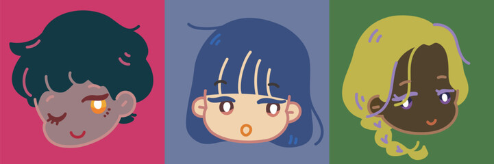 ゆるくて可愛いカラフルな人物の顔のアイコンイラストセット