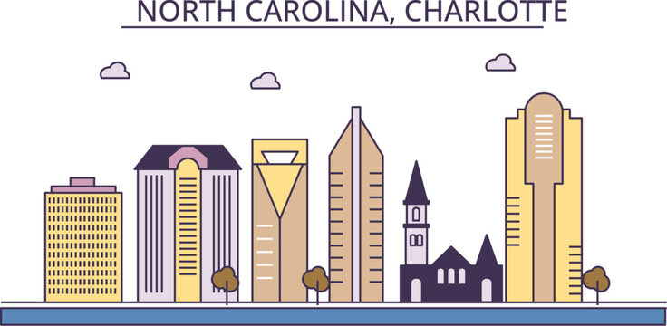 United States, Charlotte tourism landmarks, vector city travel illustration