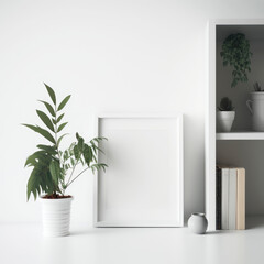 Vertical white frame mockup in minimal style interior with trailing green plant in pot, on shelf on empty neutral white wall background. Illustration. Generative AI