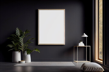 Obraz na płótnie Canvas Empty mock up, big frame on the dark wall, in a clean and minimalist room. Mock up frame for display or montage of product or design. Illustration. Generative AI.