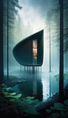 Illustration of a modern minimalist masculine contemporary wooden house with large windows in a moody hazy forest. Generative AI