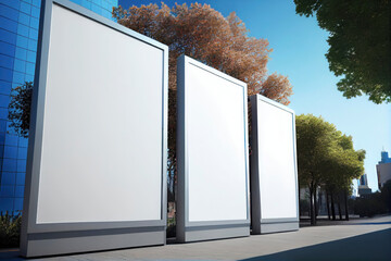 Three empty billboards mock up at city street. Business presentation content concept. Illustration. Generative AI