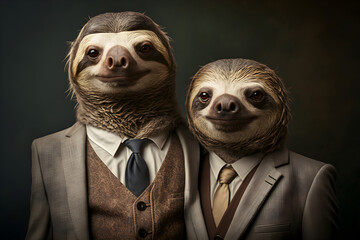 Slothful Success: A Sloth Couple Making the Most Out of Life Together, Creative stock image of animal couple in business suit. Generative AI