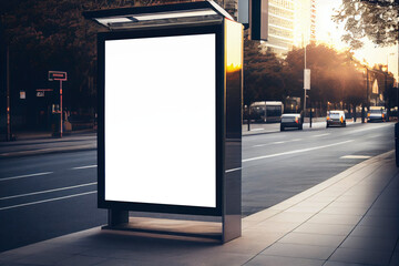 Blank mock up of vertical street poster billboard, in the center city. Street advertising. Illustration. Generative AI