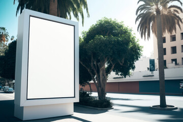 Blank mock up of vertical street poster billboard, in the center city near the trees. Street advertising. Illustration. Generative AI