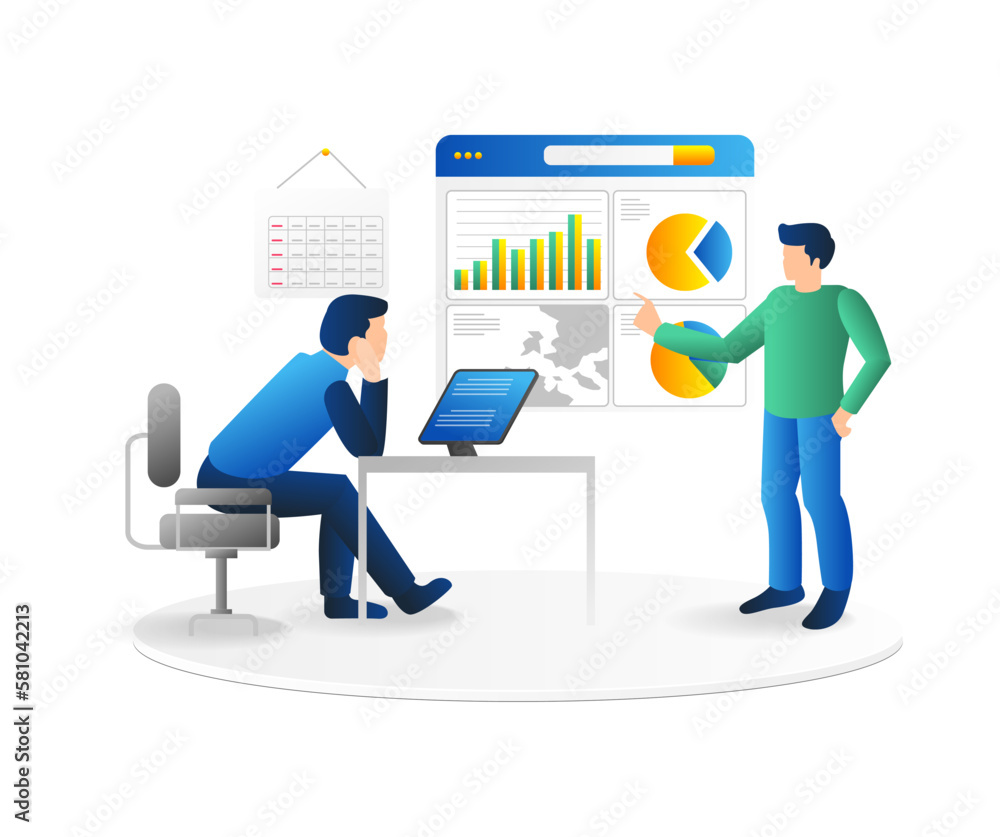 Poster isometric flat 3d illustration concept of team having discussion about business development analysis