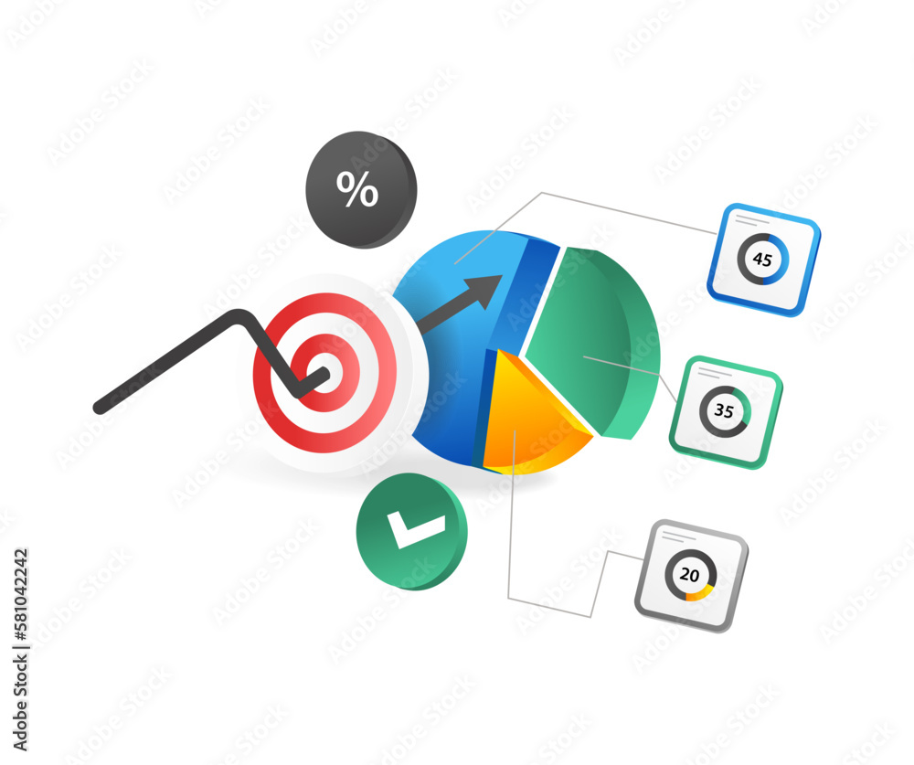 Poster isometric flat 3d illustration concept of target business pie chart division