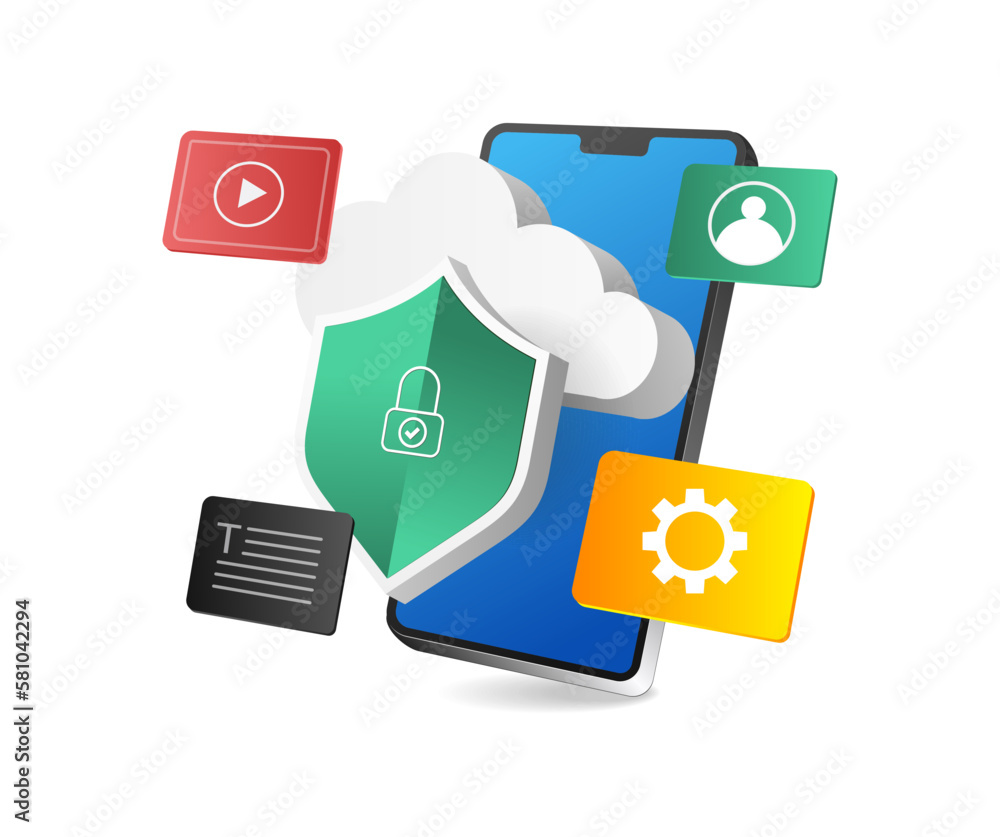Poster isometric flat 3d illustration concept of smartphone cloud server application security