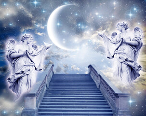 Two angels archangels with divine stairs and mystic sky, stars and mystical planet or Moon like spiritual and rligious topic - obrazy, fototapety, plakaty