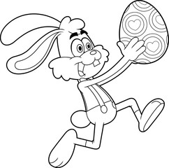 Outlined Happy Rabbit Cartoon Character Running With Easter Egg. Vector Hand Drawn Illustration Isolated On Transparent Background