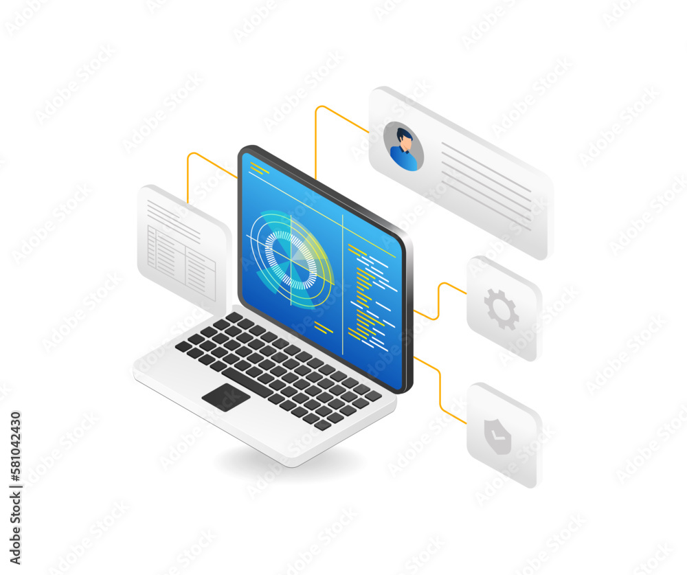 Aufkleber personal data analysis computer isometric flat 3d illustration concept