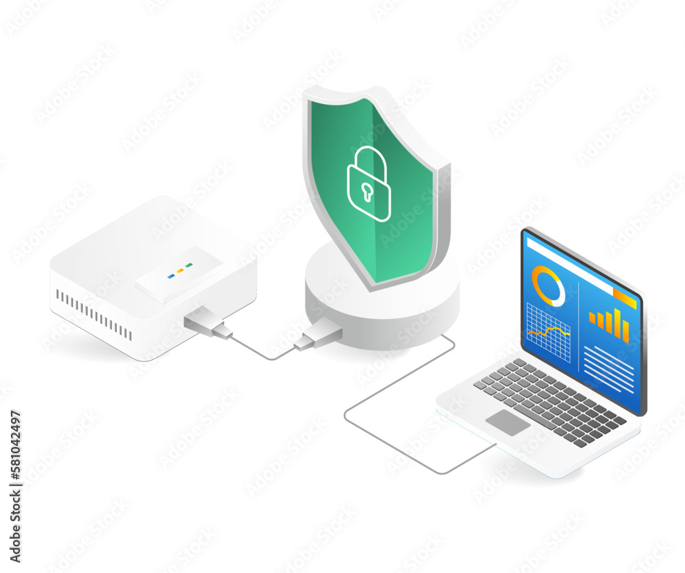 Poster isometric flat 3d illustration concept of wifi router security analyzer