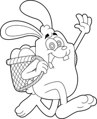 Outlined Easter Bunny Cartoon Character Running With A Basket And Eggs. Vector Hand Drawn Illustration Isolated On Transparent Background