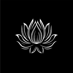 Minimalistic waterlily logo template, white icon of lotus petals flower silhouette on black background, yoga logotype concept, cosmetic emblem, tattoo. Vector illustration