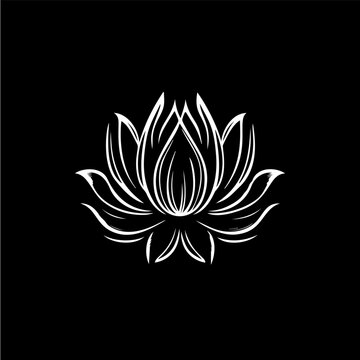 Minimalistic waterlily logo template, white icon of lotus petals flower silhouette on black background, yoga logotype concept, cosmetic emblem, tattoo. Vector illustration