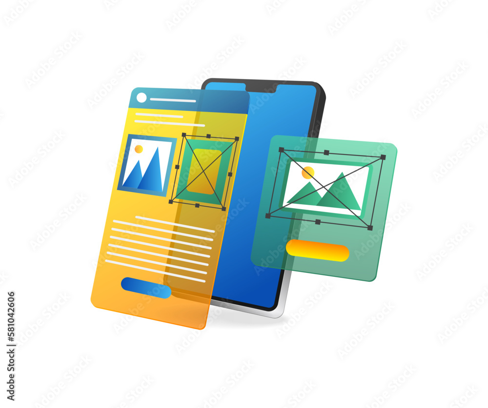 Poster isometric flat 3d illustration concept set smartphone app web layout