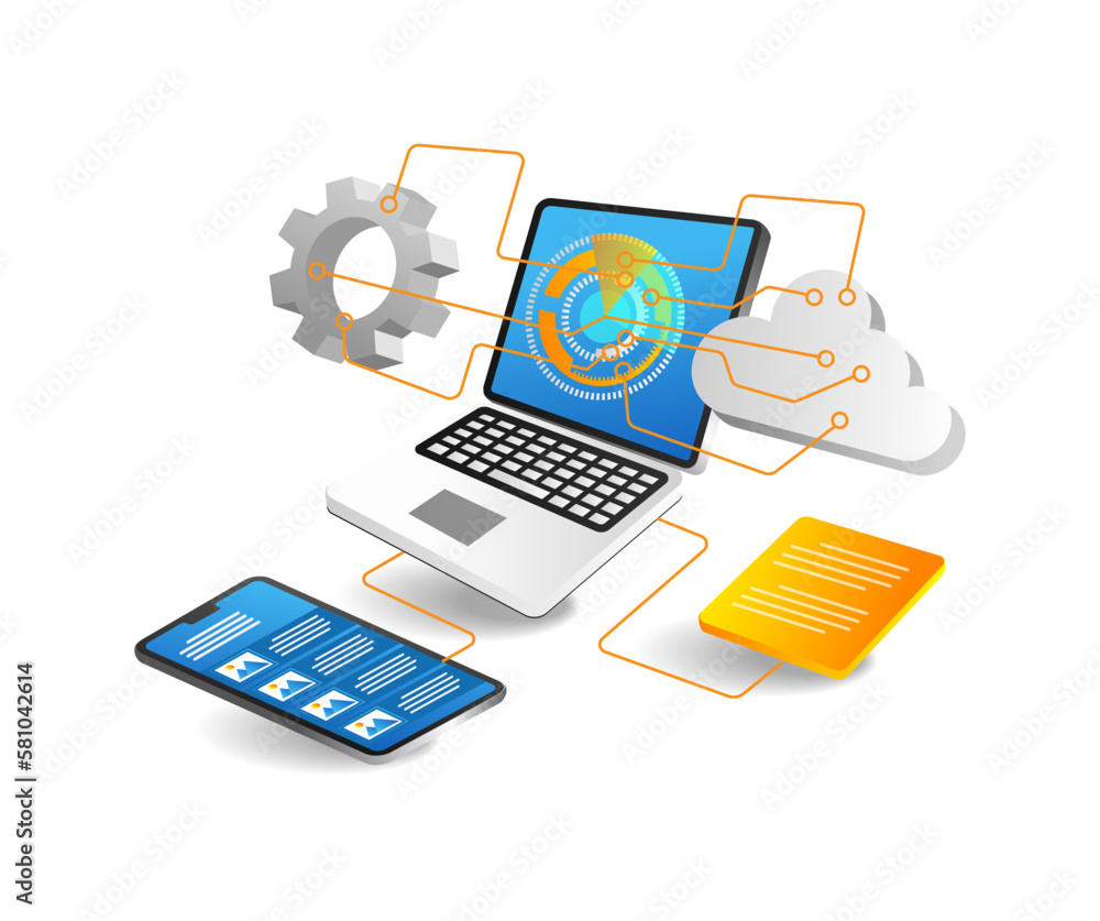 Aufkleber isometric flat 3d illustration concept of technology transformation digital button