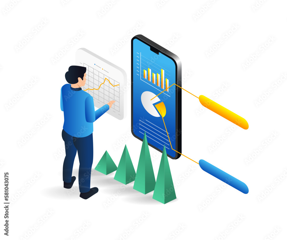 Poster isometric flat 3d illustration concept of man analyzing smartphone data
