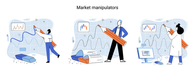 Stock market manipulation concepts set, change business graph indicator, influence crypto currency price for benefit or profit. Character analyzing stock market data to control financial graphic chart