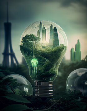 Green city with large trees and modern tall buildings inside light bulb