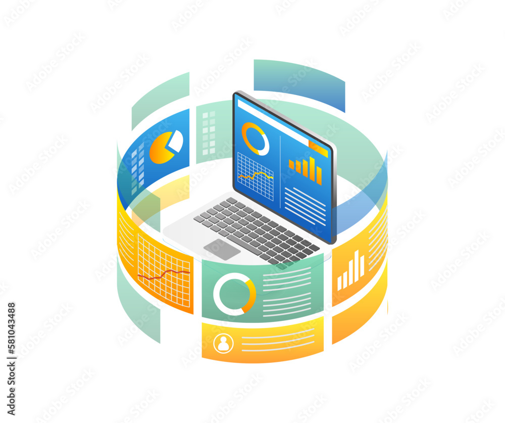 Poster Isometric flat 3d illustration concept of computer data analytics diagram