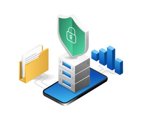 Isometric flat 3d illustration concept of data security analysis software smartphone