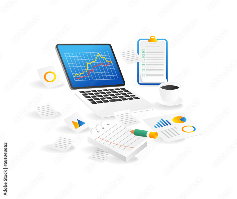 Aufkleber isometric flat 3d illustration concept of investment business data analytics graph on computer