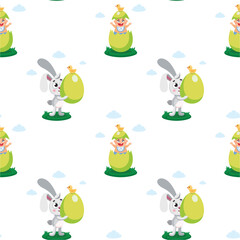 Happy Easter seamless pattern. Vector cute pattern for kids clothes, textile with easter rebbits and eggs. Hand drawn doodle illustration. Easter cartoon characters.