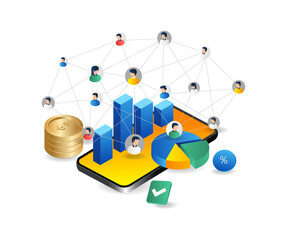 Isometric flat 3d illustration concept of business team network over smartphone