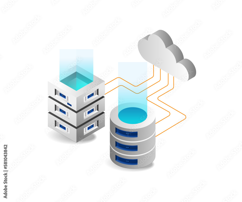 Aufkleber isometric flat 3d illustration concept of database storage network and cloud server