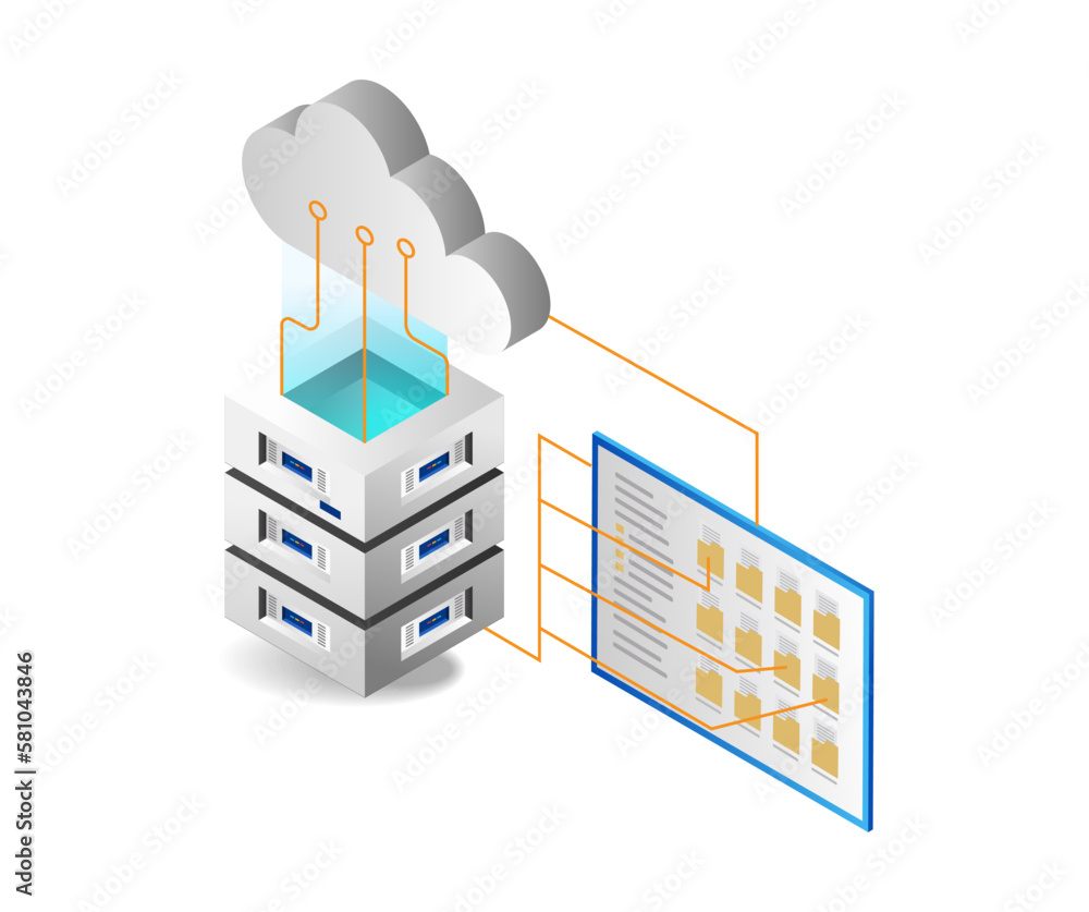 Poster isometric flat 3d illustration concept of data storage network in cloud server