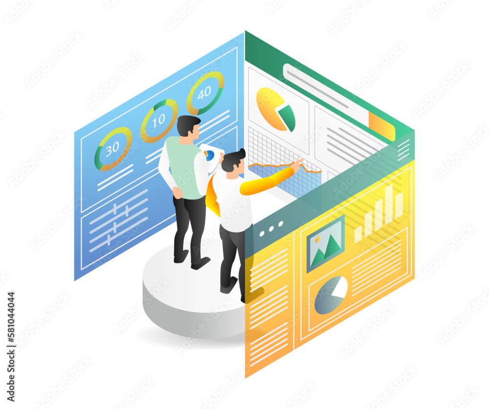 Poster isometric 3d flat illustration concept of two men analyzing data