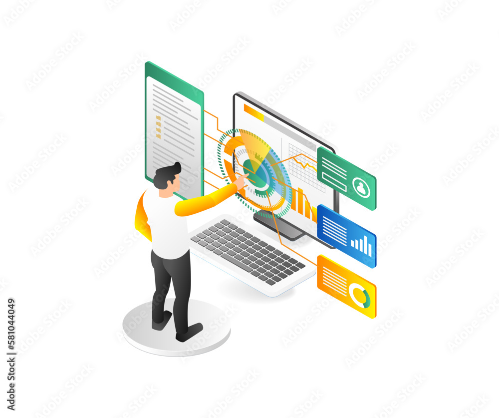 Poster isometric 3d flat illustration concept of man pressing digital marketing technology transformation b
