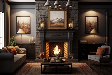 Nice living room with fireplace and decor, AI generated