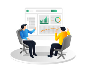 Isometric 3d flat illustration concept of team is analyzing business cooperation data