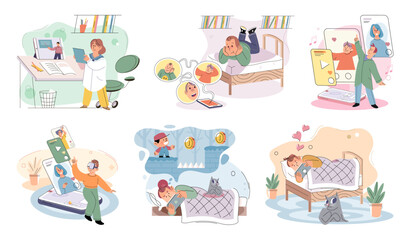 Happy little kid using tablet, child watching smartphone while eating at kitchen at home. Irritated mom is nervous that kid is distracted during feeding and spends too much time with gadgets