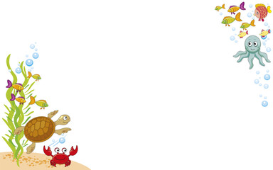 vector frame with turtle, crabs, fishes, air bubbles, sea life in water, sea animal, white background