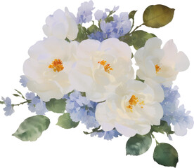 Watercolor illustration of white peonies flower bouqet png isolated on transparent background. Floral arrangment graphic, watercolor illustration for mother's day.