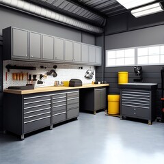 A workshop setup at home with work table and tool boxes filled with various tools. Photorealistic illustration, Generative AI