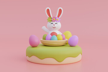 Happy Easter day. Colorful easter eggs with flower and cute bunny. International Spring Celebration. 3d rendering.