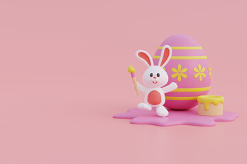 Happy Easter day. Colorful easter eggs with cute bunny. International Spring Celebration. 3d rendering.